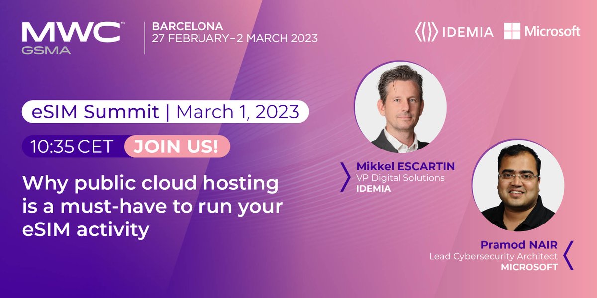 IDEMIA_IST's tweet photo. Join us for a fireside chat w/ @Microsoft at the #eSIMSummit  🪵🔥

Mikkel Escartin of IDEMIA + Pramod Nair from Microsoft will discuss why public cloud hosting is a must-have for #MNOs to stay ahead in the rapidly evolving landscape.

📍 Hall 7, Theatre 6
🕐 10:35 AM CET
#MWC23 https://t.co/duQtbnkf8W