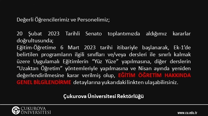 CU_MechEng's tweet photo. Bölümümüz uzaktan eğitime 6 Mart 2023 tarihinde başlayacaktır. https://t.co/jpjdZcQh6Y