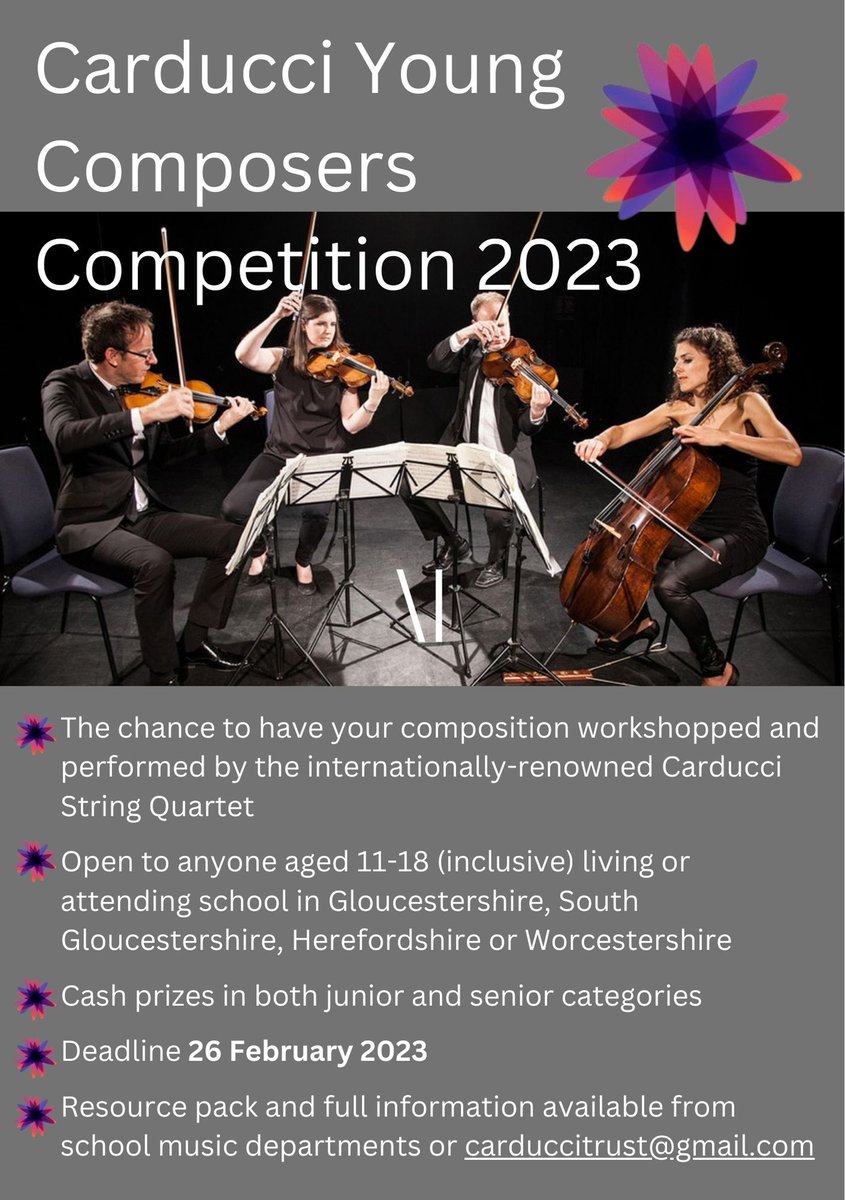 Calling #YoungComposers - your last chance to get your compositions to us for the @CarducciQuartet Young Composers Competition - DL 26 Feb! @GlosBoysChoir @cheltythchoir @glos_music @GlosSymphony @GlosAcadMusic @EncoreHereford @SevernArts @SouthGlosMusic @PatesMusic @DCSMusic