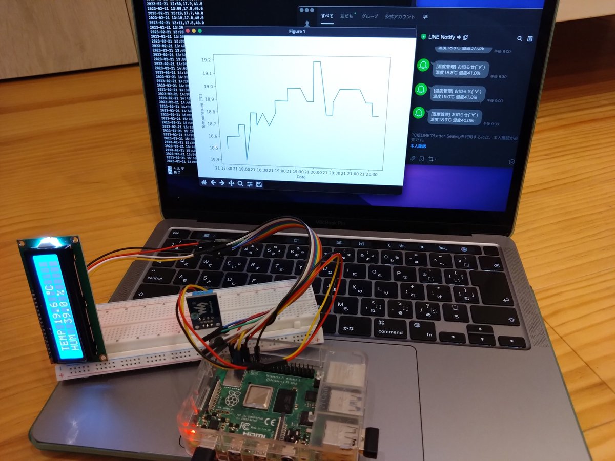 wwwwww8246's tweet image. ラズパイで温湿度センサーのデータをcsvに自動保存、グラフ化
設定した時間にLINE通知🔔
#電子工作

で、できた〜〜〜！！！
エンジニアの方のブログ読み漁り試行錯誤…うれしすぎる😂