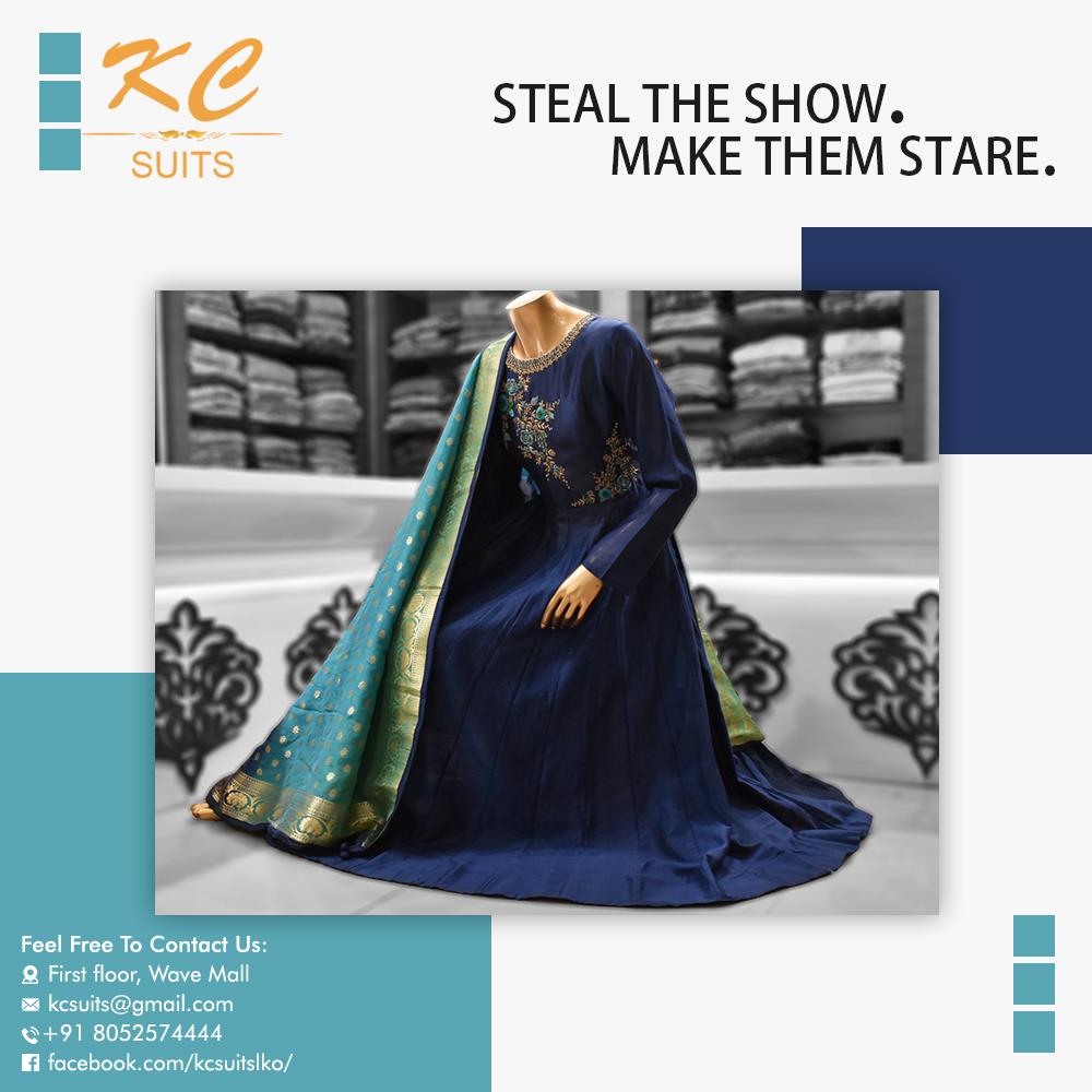 Steal the show with this elegant navy blue ethnic Banarasi Gown with its fine thread work complimented by beautiful sea blue Banarasi dupatta! Head to @kcsuits at First Floor, Wave Mall, Lucknow

#kcsuits #indowesterngown #designerclothing #classylook #womensstyle #fashiontrend