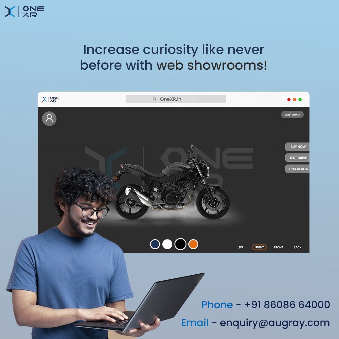 AugrayXr's tweet photo. Help your audience get a detailed immersive interaction of the products they're looking to buy with the New-Age technology, Web Virtual Showroom!

Experience Web Virtual Showroom Now - https://t.co/YuIO3u81Ct
info@onexr.in | +91 86086 64000
Website - https://t.co/ErkweluqKd https://t.co/HiLOTebXdF