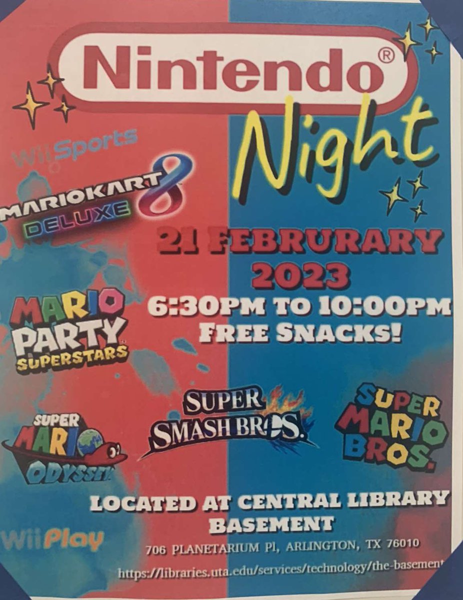 There’s #freefood at Nintendo night, tonight from 6-10!  Check it out in the central library basement 🎮📚🐎

#studentsubmission #UTAmavericks #NINTENDO #gamenight #gamers

See a campus event with #freefoodatUTA? Send us a DM! 📣