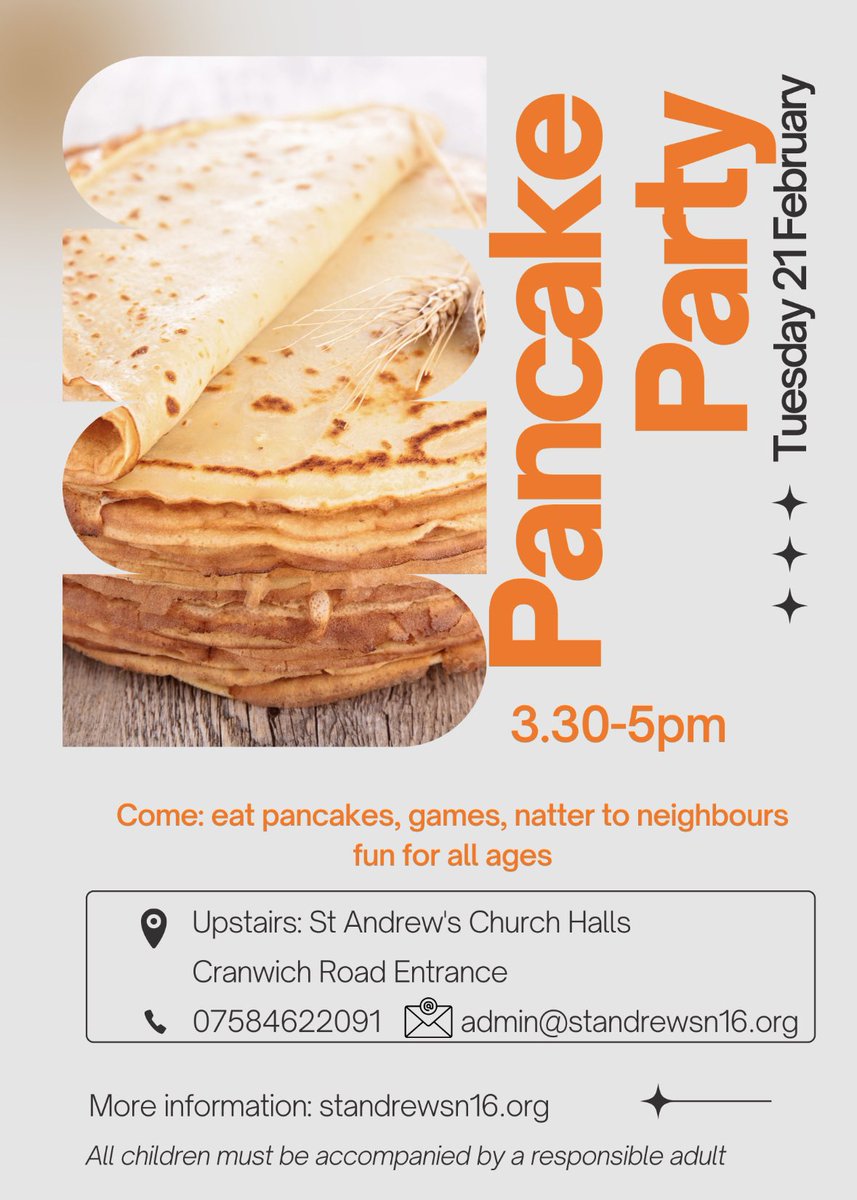 Pancake Party 🥞 🎉 today!!! <a href="/StAndrewsN16/">StAndrewsN16</a> #stAndrewsN16Halls upstairs #CranwichRoad entrance. 3.30pm-5pm… pancakes, toppings, snacks, games. Can’t wait… do join us!!