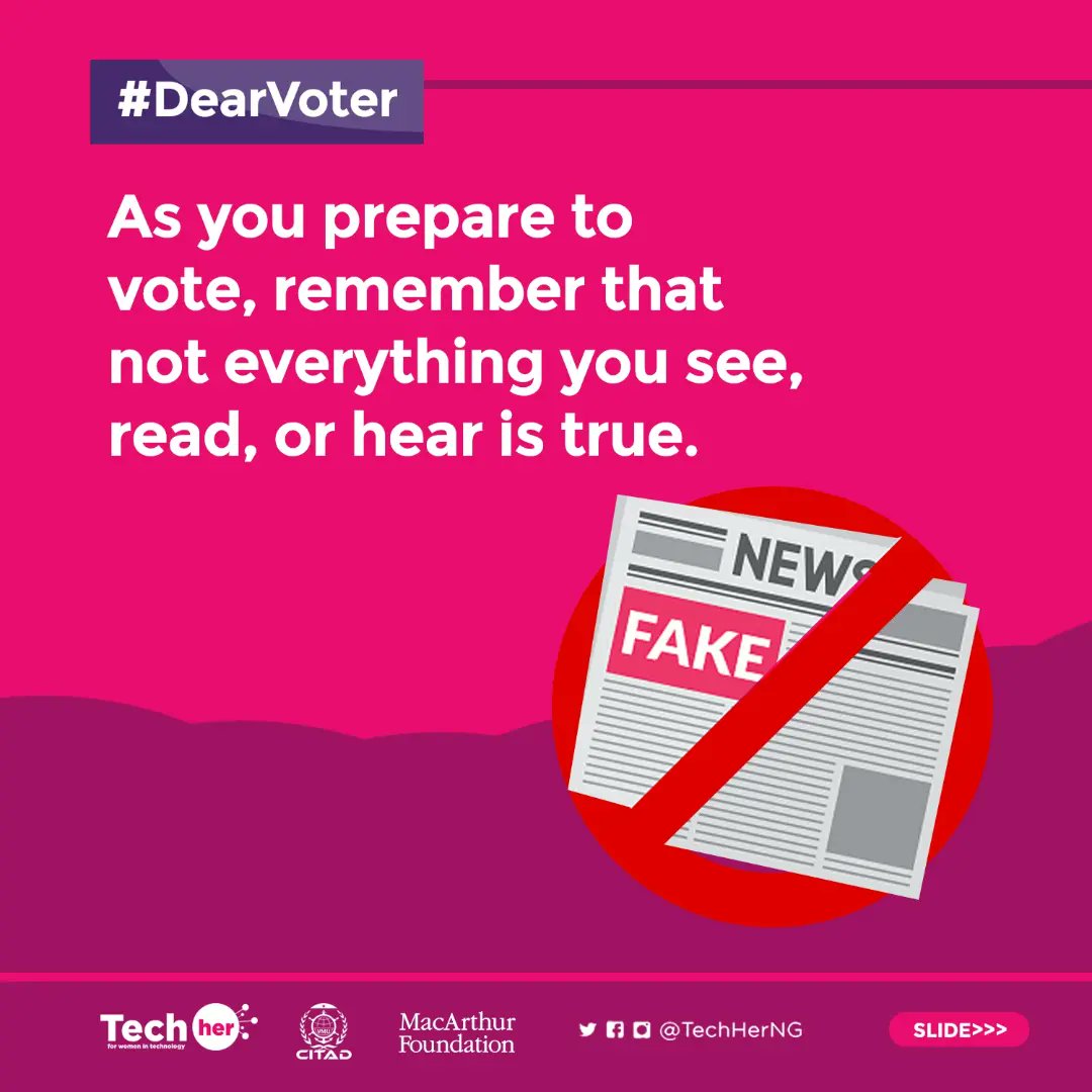TechHerNG's tweet photo. Today, we begin the #DearVoter series with support from @macfound &amp; @citad. Everyday till Saturday February 25th, we’ll share tips you should be aware of as you step out to vote. 
#NigeriaDecides2023
#TechHerNG https://t.co/GMQzp6REPt