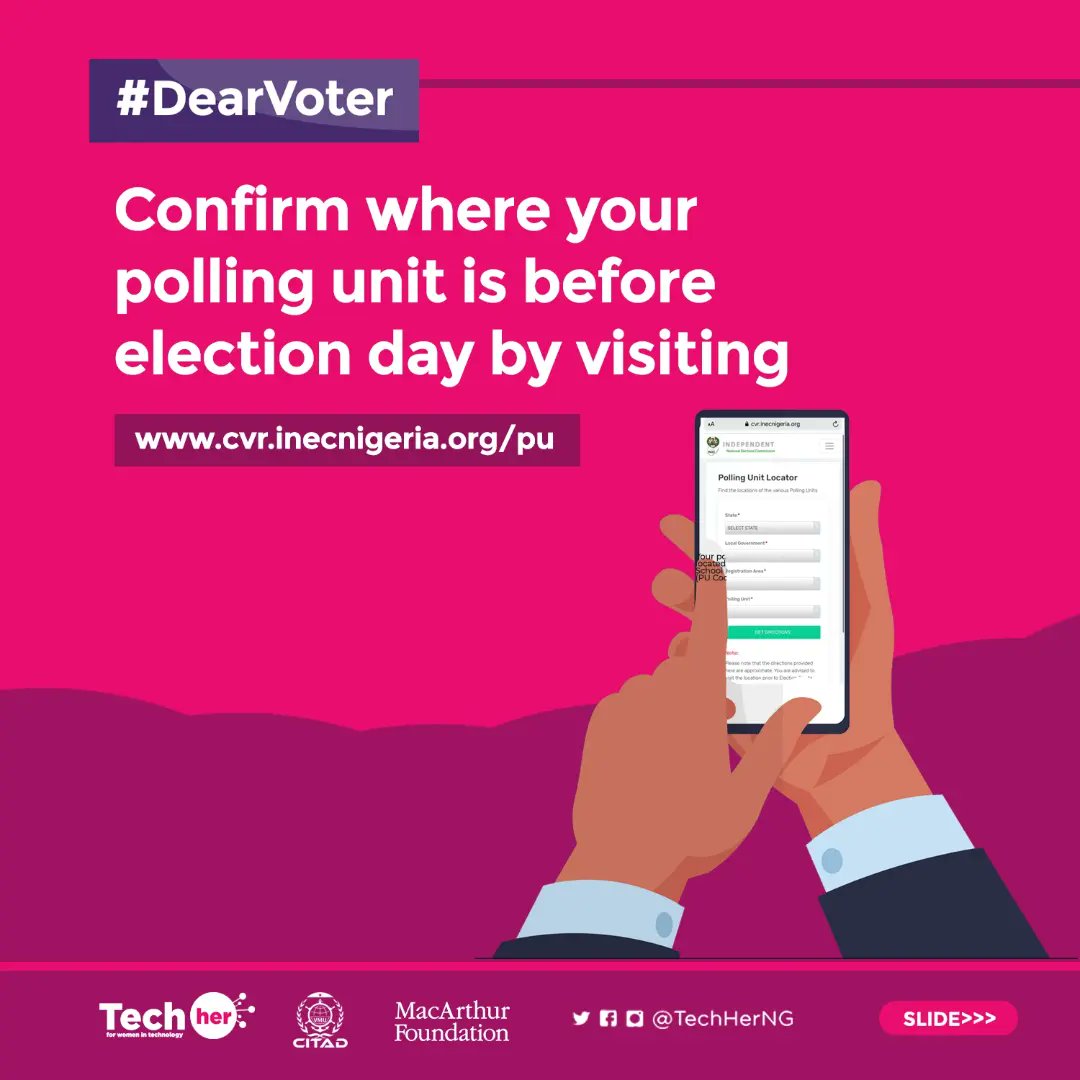 TechHerNG's tweet photo. Today, we begin the #DearVoter series with support from @macfound &amp; @citad. Everyday till Saturday February 25th, we’ll share tips you should be aware of as you step out to vote. 
#NigeriaDecides2023
#TechHerNG https://t.co/GMQzp6REPt