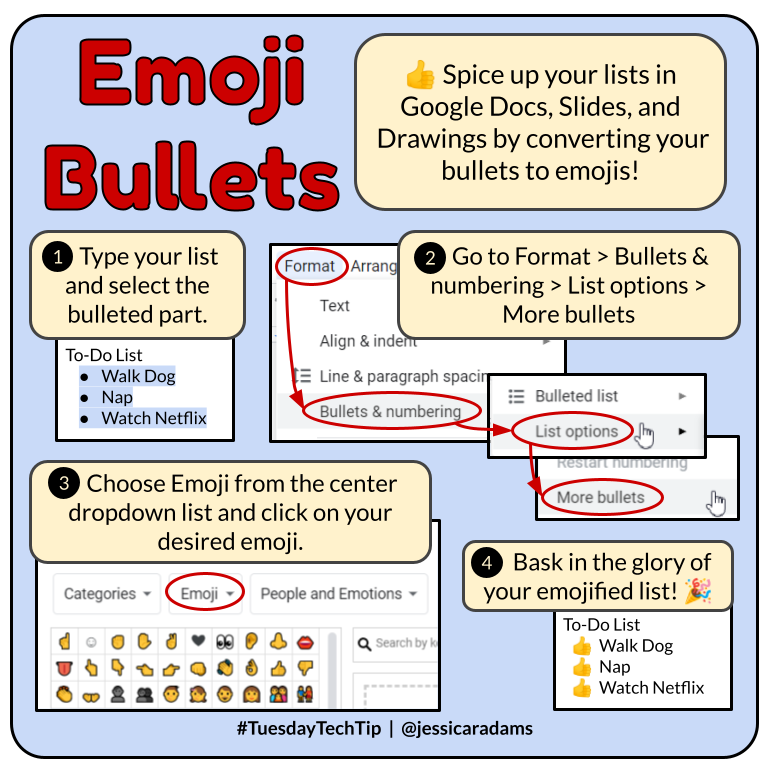 👍 It's time for a #TuesdayTechTip! Spice up your bulleted lists in @googledocs #GoogleSlides #GoogleDrawings by changing your bullets to emojis. @GoogleForEdu #GoogleET