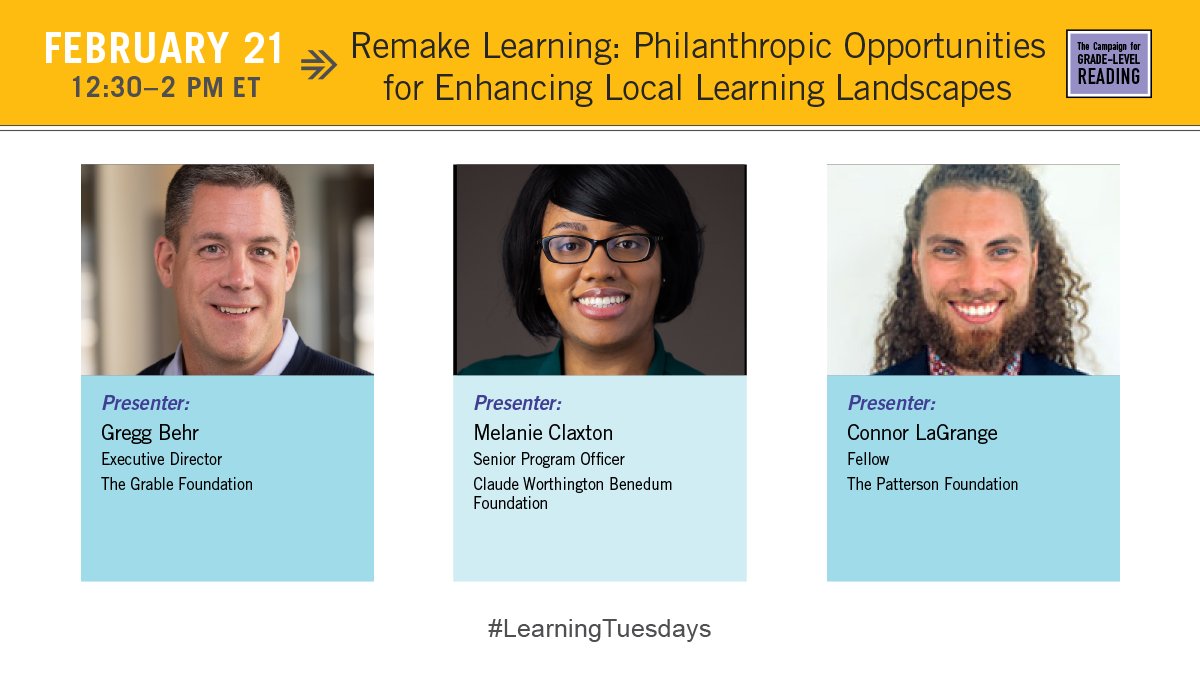 KlouisTpf's tweet image. Looking forward to @ReadingBy3rd&apos;s Funder-to-Funder Conversation today on the #RemakeLearning model, 12:30-2:00 pm ET/9:30-11:00 am PT. Join to learn how funders can help create #LearningLandscapes that serve and engage children in their communities?