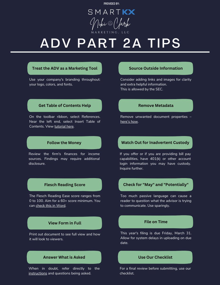 nikicl's tweet photo. ADV Part 2A form help to your rescue!

Creating your ADV Part 2A can be a tedious process however, @lacey_shrum and I have found a way to simplify it!

Link to all downloadable documents can be found here: https://t.co/8qzEELkrSQ

#FinancialAdvisors https://t.co/dRuXrdhfOG