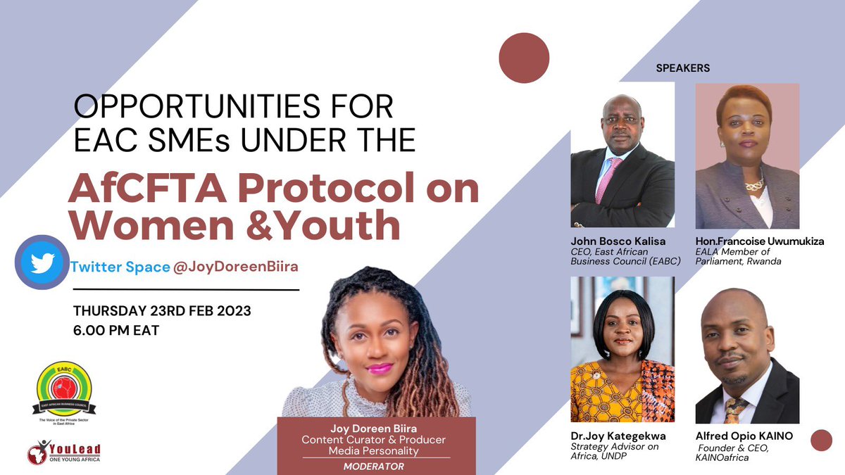 Let's meet and discuss the opportunities for EAC SMEs under the AfCFTA protocol on women and youth. @AfCFTA @PSF_Uganda @jumuiya @OneYoungAfrica @JoyDoreenBiira @KAINOafrica
