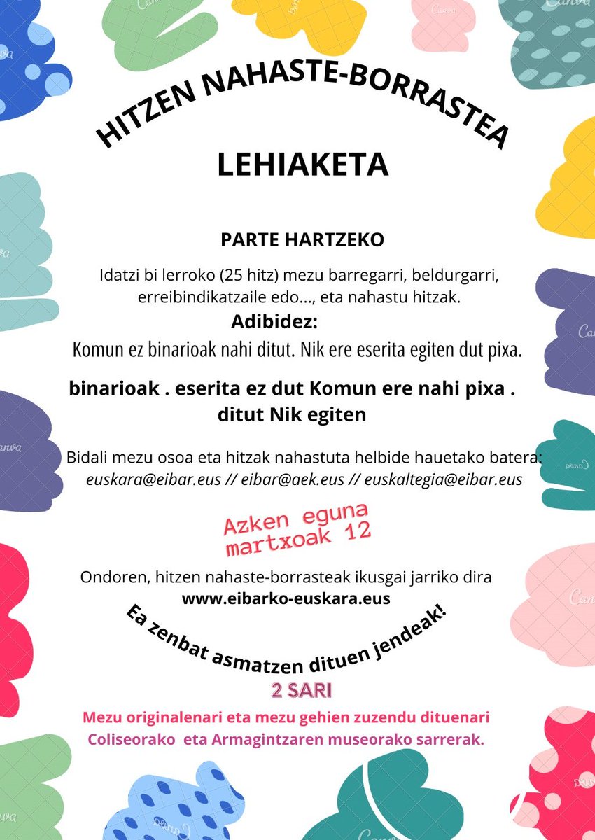 Eibarkoeuskara's tweet photo. Hitzen nahaste-borrastea lehiaketa martxan! Animatu eta parte hartu! https://t.co/3VUt9osXAP @EibarkoUdala @eibarko_aek @EIBARRENAKEBAI @etakitto @EibarOrg https://t.co/9MvoiyYmKy