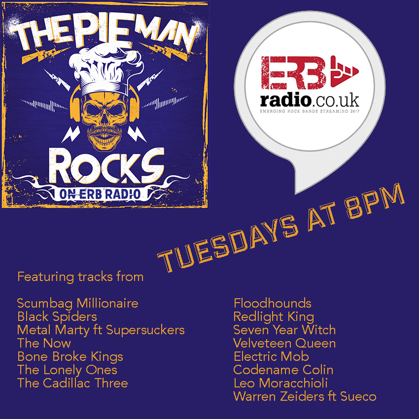 Gary Cox serves up an hour of tasty morsels on tonights #ThePieManRocks at 8pm with tracks from  @black_spiders  // @THENOWUK // @bonebrokekings // @_thelonelyones_ // @sevenyearwitch  // @frogleapstudios // @floodhounds // @redlightking  // @codename_colin // @MetalMarty...