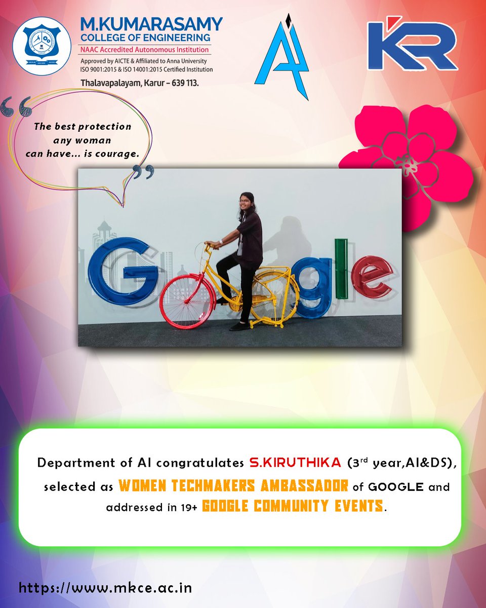 Mkce_NEURA's tweet image. MKCE &amp;amp; Dept of Al congratulate Ms.S.Kiruthika who selected as Women Techmakers Ambassador of Google and addressed in 19+ Google community events.

#Google #GoogleCloud #techmakers #mkce #neura #ArtificialIntelligence #MachineLearning #DataScience #Cloud