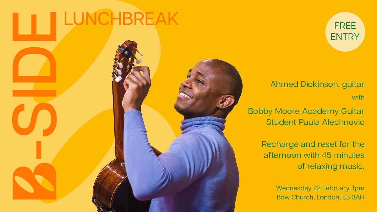 We’re so excited to launch our new free lunchtime concert series tomorrow ‘B-Side Lunchbreak’, with the wonderful @ahmeddickinson joining us for our first concert alongside Paula Alechnovic, a student on our education programme ‘Orchestrate’. 1pm at @BowChurch - see you there !