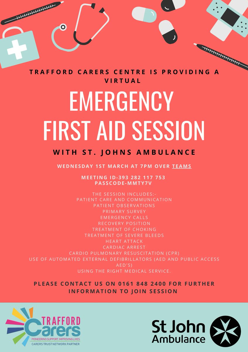 Would you know what to do if you needed to perform first AID in an emergency? 

St. Johns Ambulence is returning to Trafford Carers Centre to provide emergency first AID training on the 1st of March at 7PM over Teams. The Teams link below. 

buff.ly/3IjFGpA