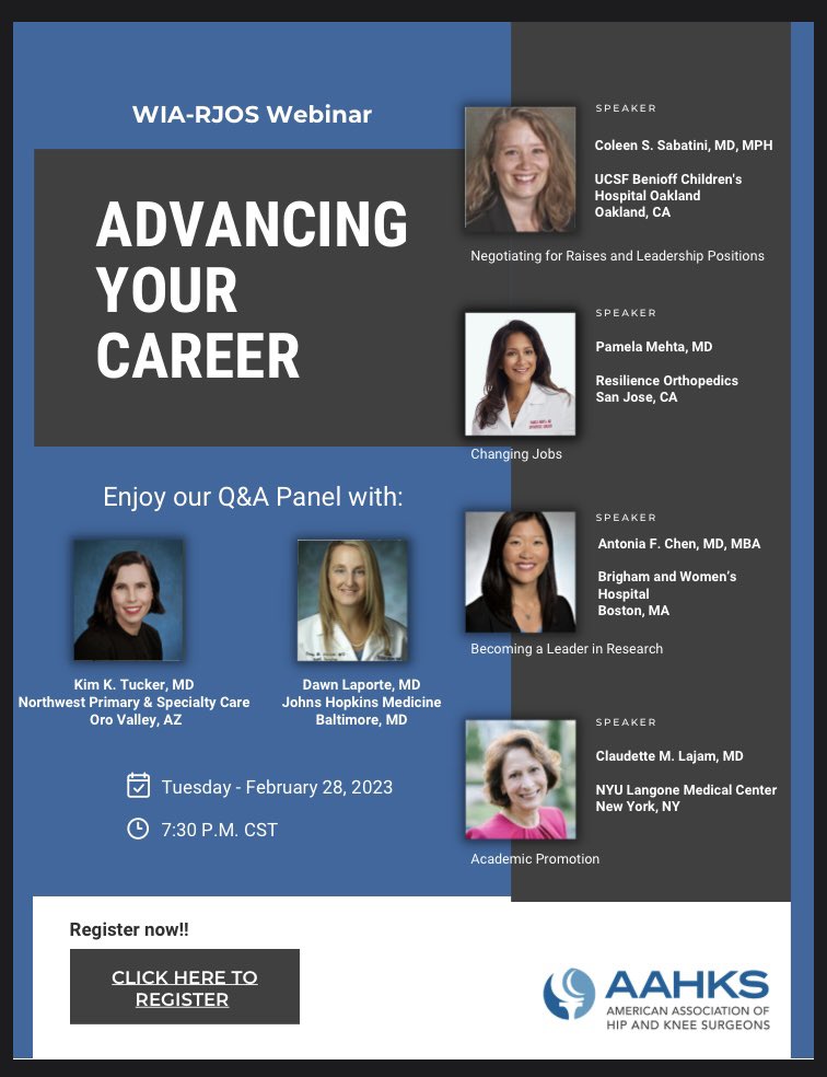 Register now for the next WIA-RJOS joint webinar on Advancing Your Career! @womeninarthroplasty. us06web.zoom.us/webinar/regist…