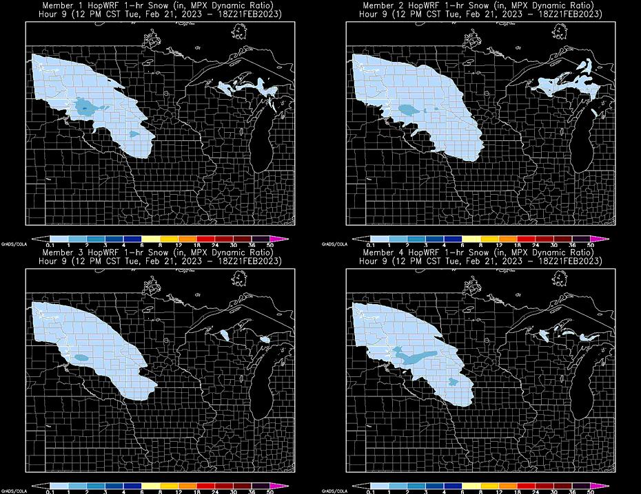 HopWRF's tweet photo. Looking at the ensemble this morning using the postage stamps you can see comparisons for both intensity of snow and the progression between individual members. Mean MSLP image shows the progress of the winds. Both images are for noon today. #sdwx #mnwx https://t.co/pU6yQLMwkV https://t.co/QgTunT4Tt8