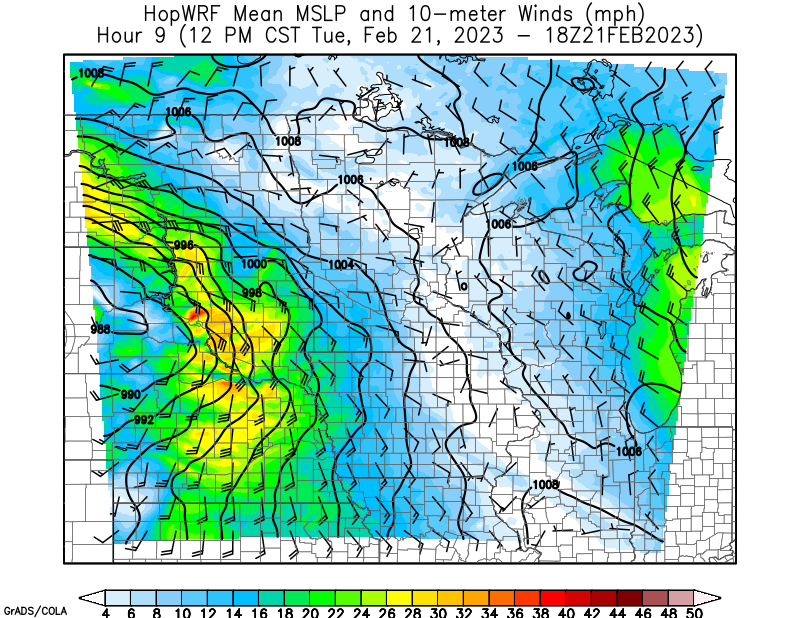 Looking at the ensemble this morning using the postage stamps you can see comparisons for both intensity of snow and the progression between individual members. Mean MSLP image shows the progress of the winds. Both images are for noon today. #sdwx #mnwx HopWRF.info