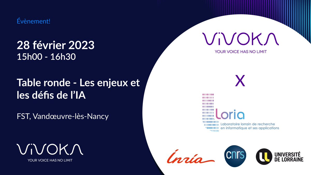 Vivoka s’associe au <a href="/labo_Loria/">Loria</a> et à l’<a href="/Inria/">Inria</a> et dans le cadre de la Journée scientifique autour de l'IA 🗣

Vincent Leroy, notre CTO, participera à une table ronde sur les enjeux et les défis de l’IA.

Inscriptions avant le 22 février 👉 urlz.fr/kRYq