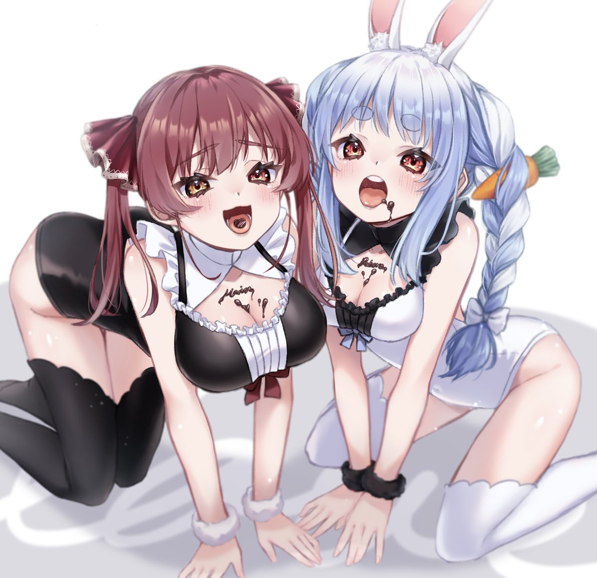 宝鐘マリン ,兎田ぺこら 「美味しいチョコレートくだた〜い #マリンのお宝  #ぺこらーと #宝鐘マリン  」|屋十丸/Yatomaruのイラスト