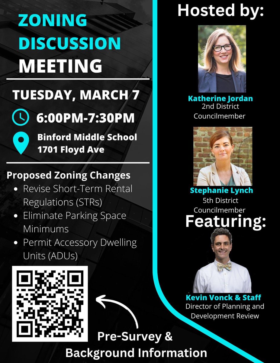 yitgordon's tweet photo. In two weeks, 1st &amp; 5th district City Council Members @KatherineJRVA and @Stephanie4RVA are hosting a meeting to gather feedback on three proposed zoning changes:
- loosening short-term rental regulations
- eliminating mandatory parking minimums
- permitting granny flats https://t.co/ASW1r7ZxUl