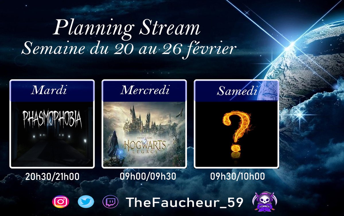 Planning de la semaine. On se retrouvera en live sur ma chaine twitch: twitch.tv/thefaucheur_59

#twitchstreamer #twitch  #streameurfr #Geek  #HogwartsLegacy #streamers #streamer #twitchtv