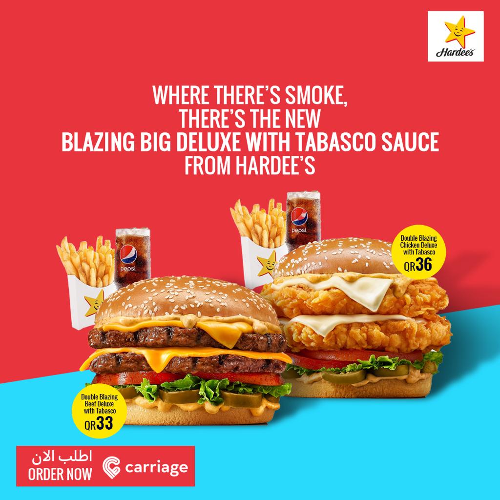 Where there's smoke, there's the new Blazing Big Deluxe with Tobasco Sauce from Hardee's available on Carriage.