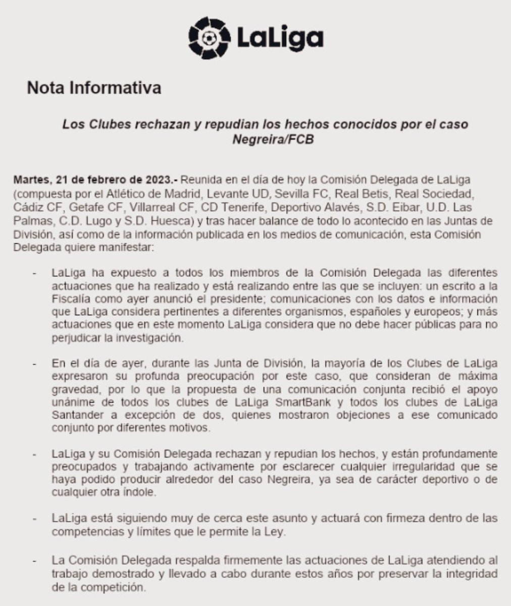 🗒️ La Comisión Delegada de <a href="/LaLiga/">LALIGA</a>, donde está el <a href="/CDTOficial/">CD Tenerife 🏴󠁧󠁢󠁳󠁣󠁴󠁿</a>, rechaza y repudia el comportamiento del FC Barcelona en el caso Negreira