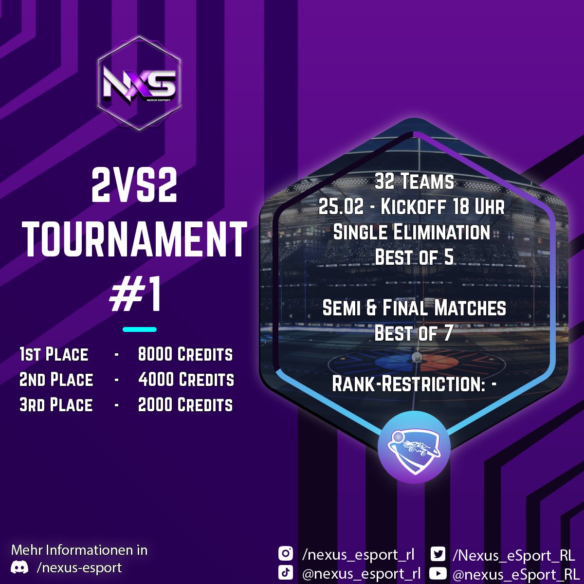 Hey,

wir veranstalten diesen Samstag ein 2vs2 Turnier 🙂.
Wir würden uns über eure Teilnahme freuen.

Anmeldung über: 
play.toornament.com/de/tournaments…

discord.gg/nexus-esport

Eine Dankeschön an unsere Mods <a href="/SucukiRL/">Yasinkyz</a> und @Swaggi_RL die sich um das organisatorische gekümmert haben 💐