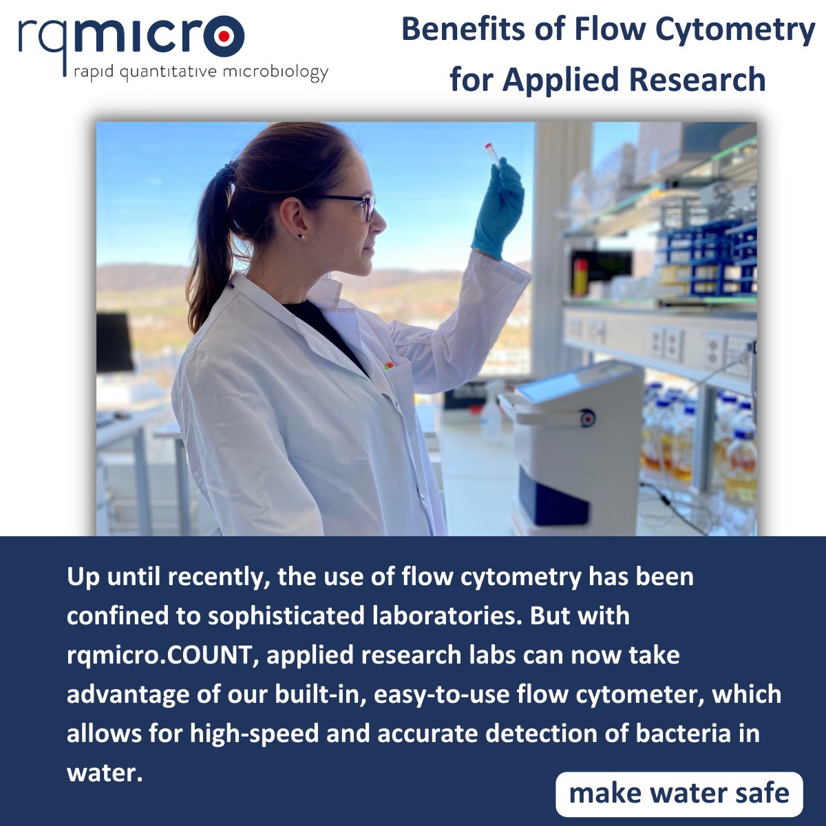 rqmicro's tweet photo. With rqmicro.COUNT, applied research labs can take advantage of Flow Cytometric Analysis (FCM) – a technology that accurately and quickly detects bacteria. https://t.co/1sATIgBwjF #rqmicro #makewatersafe #flowcytometry #flowcytometer #appliedresearch #watertesting https://t.co/n2Nn3eyuay