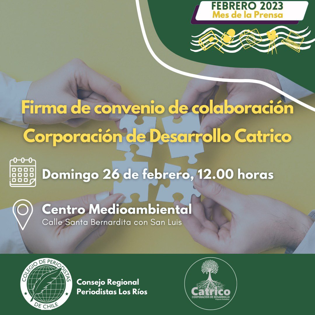 🗞️¡Febrero, mes de la prensa!👏

✅Súmate este domingo 26 de febrero a la última actividad del mes de la prensa.  A las 12 horas realizaremos la firma de convenio con la Corporación Parque Catrico. 

#valdiviacl