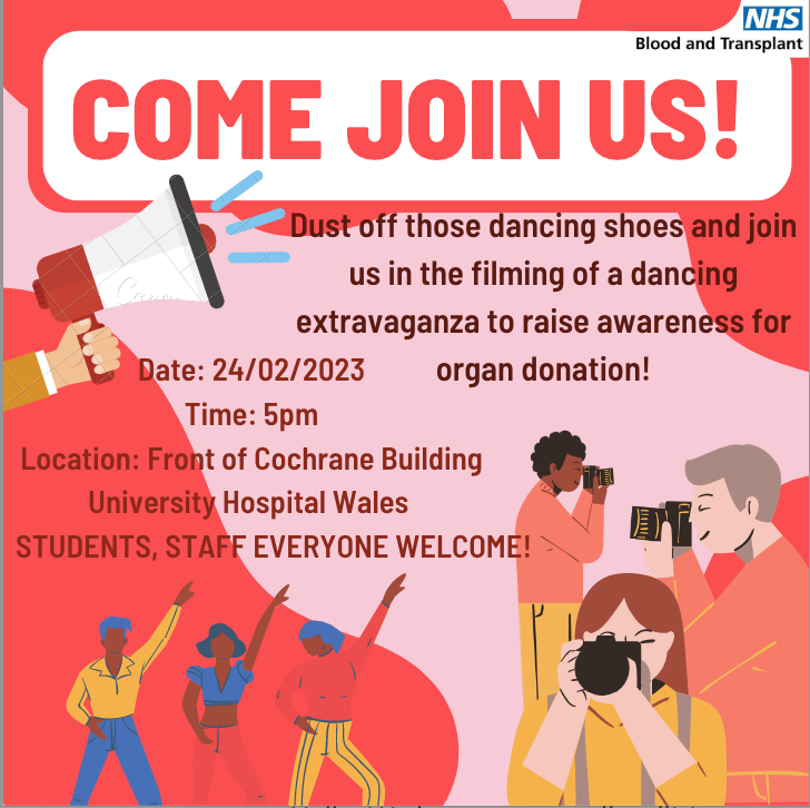 💫Come on down to the Cochrane Building to join a dance to raise awareness as part of a national organ donation campaign with NHS Blood and Transplant!💫

All are welcome! 😊

#campaign #OrganDonation #awareness