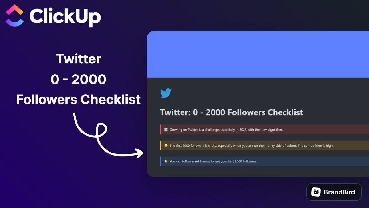 Audience building on Twitter is hard.

I've built a ClickUp checklist to help you get your first 2000 followers on Twitter.

It is FREE today.

After 24 hours, it will cost $$$

To get it:
1. Like
2. Retweet
3. Comment '😍'

I'll send it to you for FREE.

(must be following me)