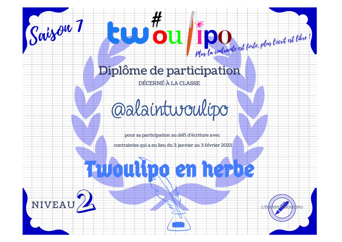 Chère #EQ36 de #twoulipo voici les diplômes de la saison 7 
Félicitations à tous! Voici vos diplômes! 
<a href="/BricquebecFr/">LettresBricquebec</a> 
<a href="/CND_classeFr1/">CNDRDL S1</a> 
<a href="/6e5Slv/">Classe 6e3 SLV</a> 
<a href="/6eA_LFSGermain/">6eA_LFSGermain</a> 
<a href="/alaintwoulipo/">alaintwoulipo</a>