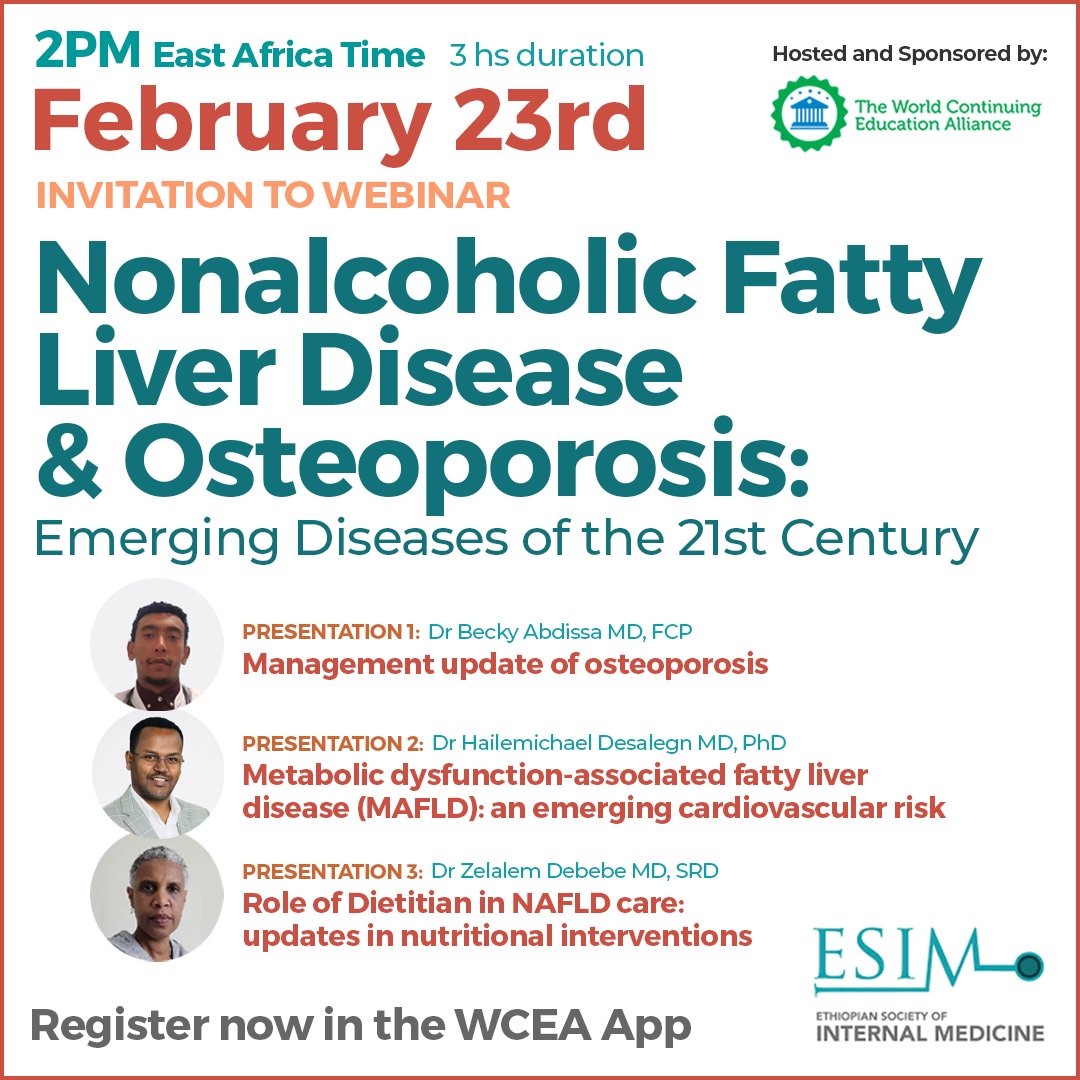 WorldCEAlliance's tweet photo. 🔜 Only two days left for the webinar #NAFLD &amp; #Osteoporosis: Emerging Diseases of the 21st Century @ESIM_Ethiopia 

✅ Register now and reserve your place: https://t.co/b18xOCurkc 

#webinar #WCEAteam #WCEAapp #cpd #cpdtraining https://t.co/l3SWvjHvzK