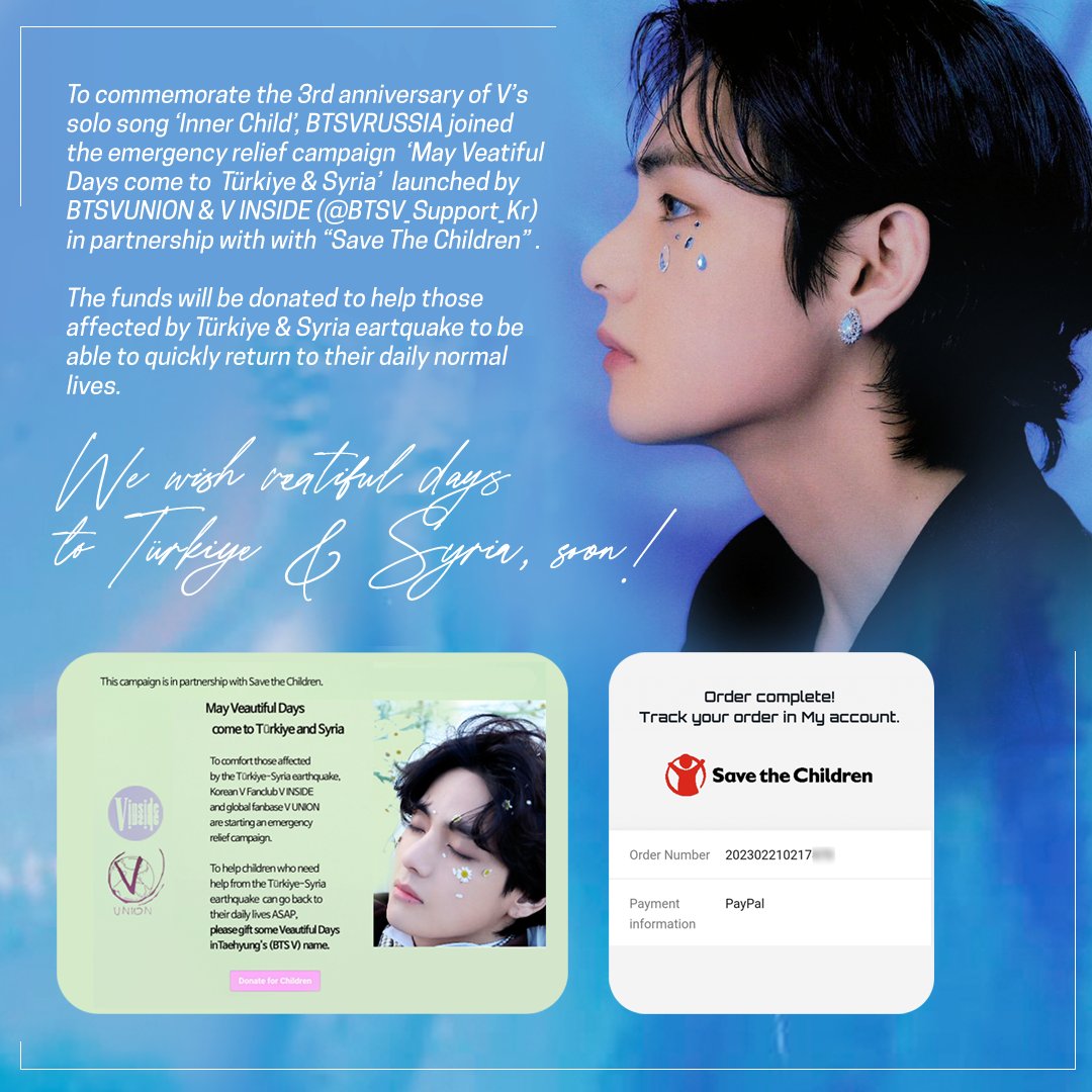 KimTaehyung_Rus's tweet photo. To celebrate #3YearsWithInnerChild, we joined the emergency relief campaign launched by @VGlobalUnion and @BTSV_Support_Kr in partnership with @stckorea to help children damaged by the major earthquake in Turkiye-Syria.
We wish Veautiful days to Turkiye & Syria, soon! 💜 https://t.co/0uNCckdAef