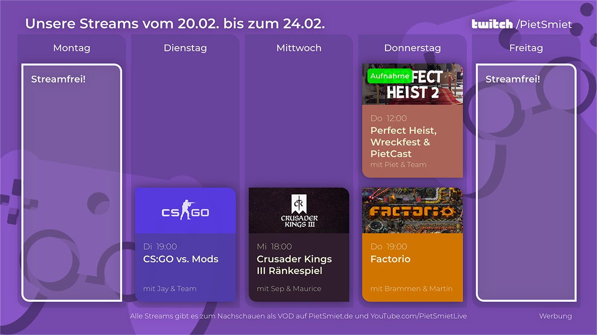 📋 #UploadPlan - 21.02.2023 - Montag

🕑 14 Uhr ➡️ Nur 1 Versuch in Super Mario Land 2

🕞 15.30 Uhr ➡️ React: A Short Lesson... (When Idiots Play Games #271)

🕕 18 Uhr ➡️ Fortnite Turnier

🕗 20 Uhr ➡️ Wat is denn dat?

➡️ pietsmiet.de/uploadplan