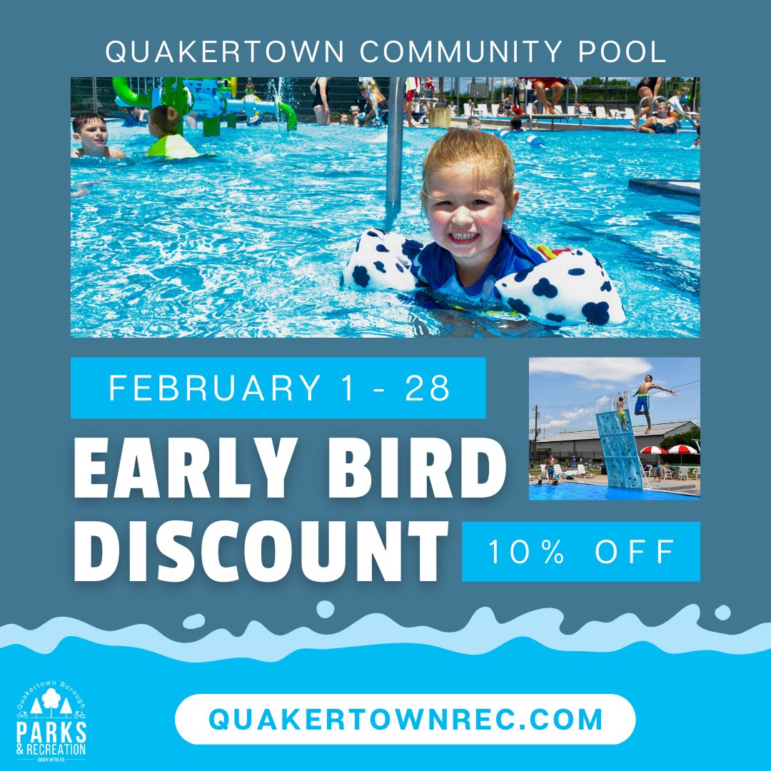 Only ONE week left of the early bird discount! Purchase your pool membership before February 28th and receive 10% off! Head to QuakertownRec.com to purchase yours!
