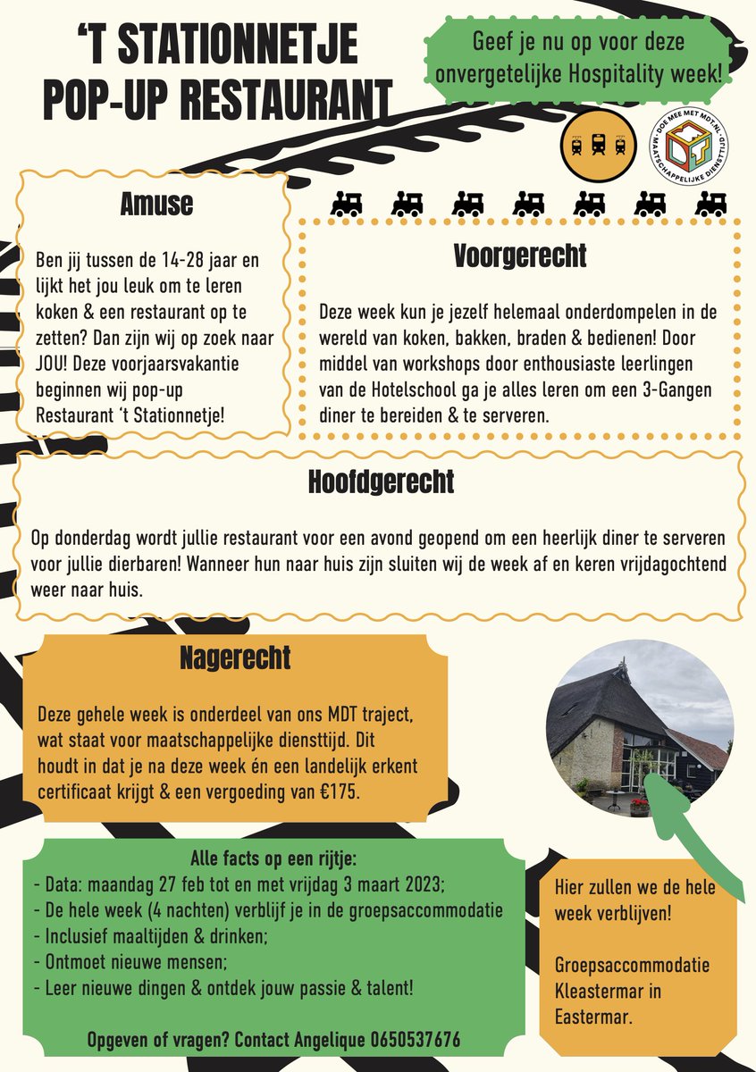 Komende week krijgen jongeren de kans om een restaurant op te zetten en een spectaculaire culinaire avond neer te zetten voor dierbaren! Aanmelden kan nog tot donderdag!

Meer info? Check de Flyer of stationnetje.com
#MDT #gezondevoeding #Ondernemen #Impact #samen #talent