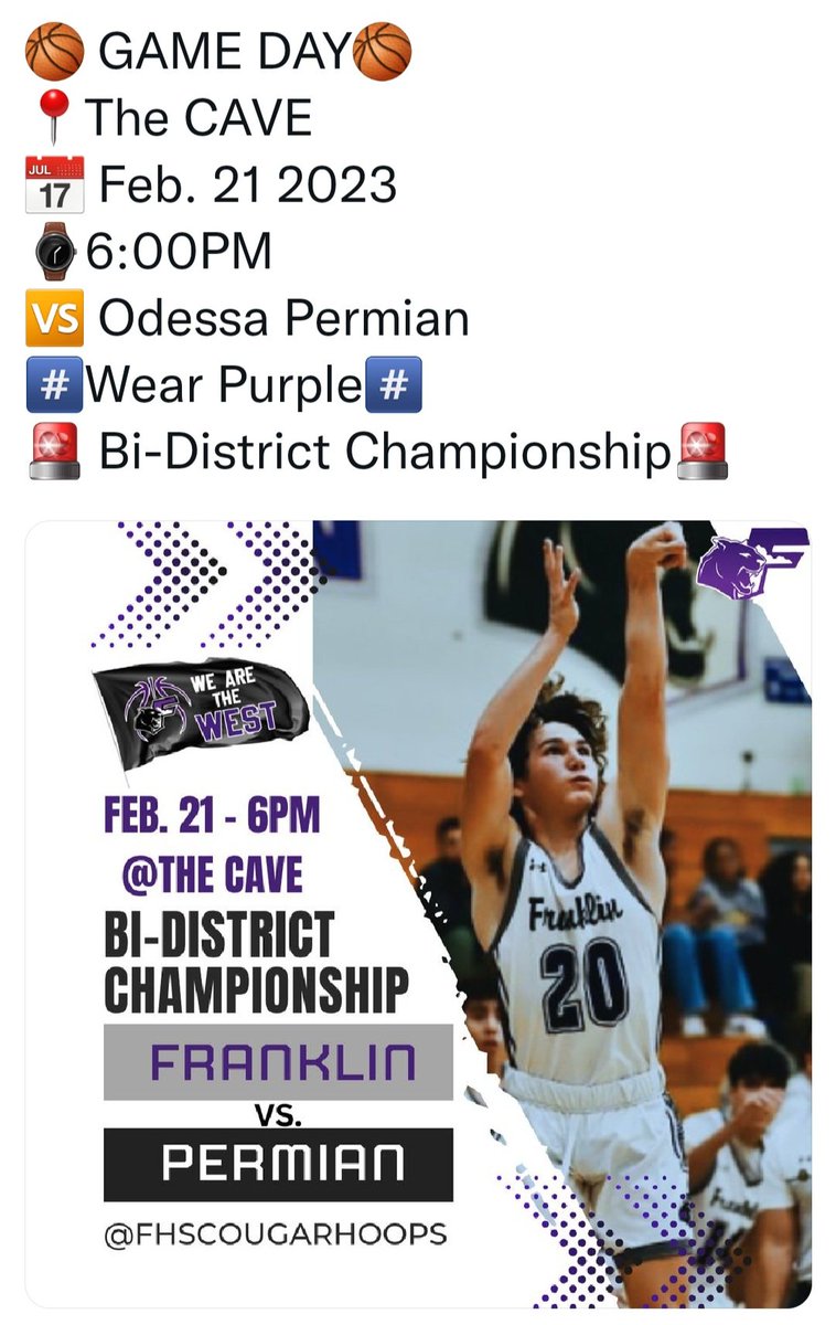 FHSBballBooster's tweet photo. Rise and Shine Cougar Nation - It's Game Day! #OurTime #WinAndMoveOn #LetsGo @FHSCougarBBall @ColinDeaverTV @EPSports915 @Fchavezeptimes @FranklinCougars @TXFHSCougars @EPISDathletics https://t.co/Y3czpyjoIm