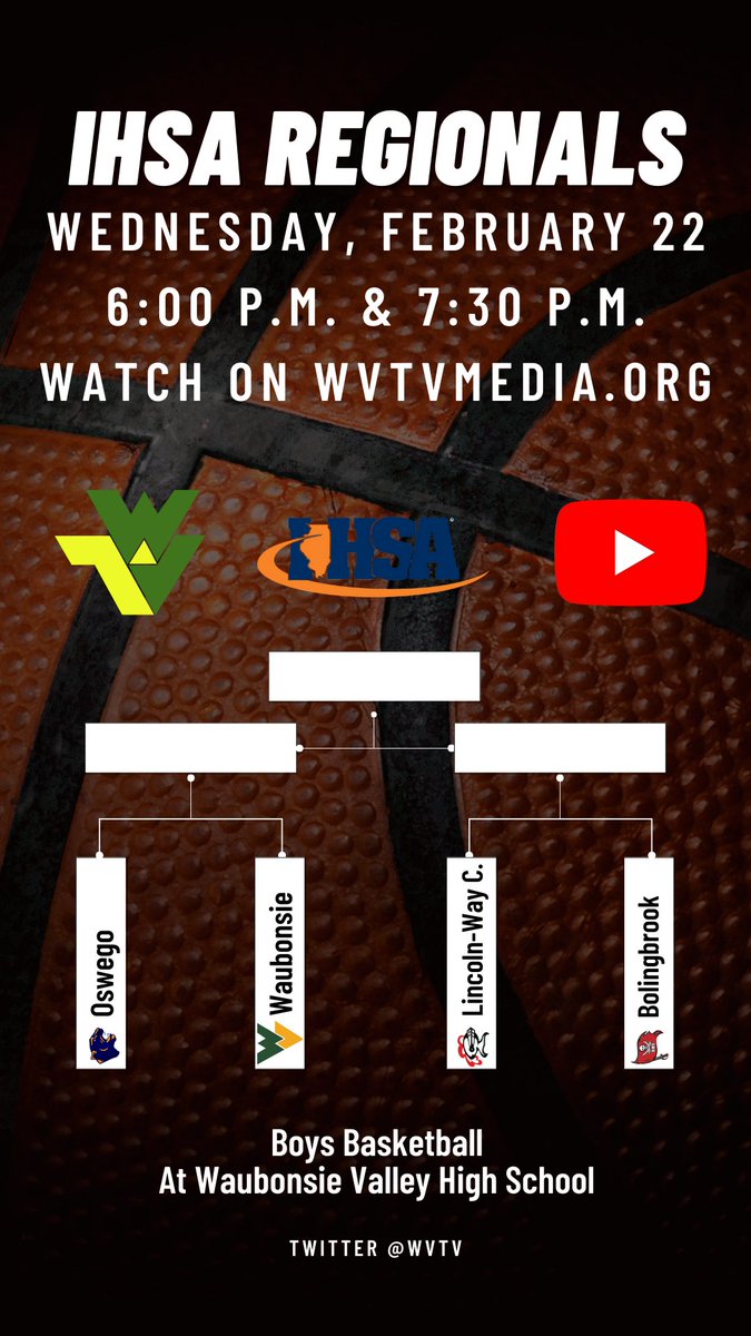 We're taking our video production talents to the playoffs. Watch the first two rounds of the IHSA Boys Basketball Tournament on YouTube &amp; WVTV on Wednesday, February 22 &amp; Friday, February 24. <a href="/BHSRaiders/">BHS Athletics</a> <a href="/OHS_GoPanthers/">OHS Athletics</a> <a href="/athleticswvhs/">Waubonsie Athletics</a> <a href="/LWCentralKnight/">Lincoln-Way Central</a>