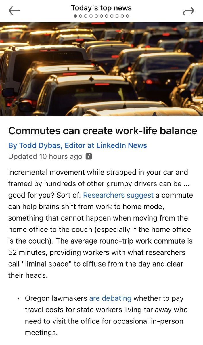 Hey @Todd_Dybas, sitting in traffic for hours every week isn't a "work-life balance" you corporate shill propagandist. Fuck you.