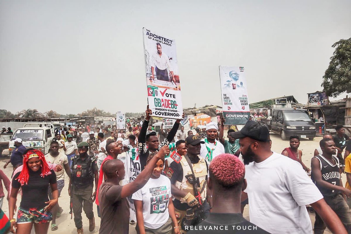 GRVlagos's tweet photo. At Rally today in Ajah, I’m immensely grateful and happy to campaign for my Principal @PeterObi and the Labour Party.

We are a few days to the election that will change the trajectory of our politics in Nigeria.

Vote LP! 

Èkó E dìde!!

~ GRV. https://t.co/vdVcOek2eA