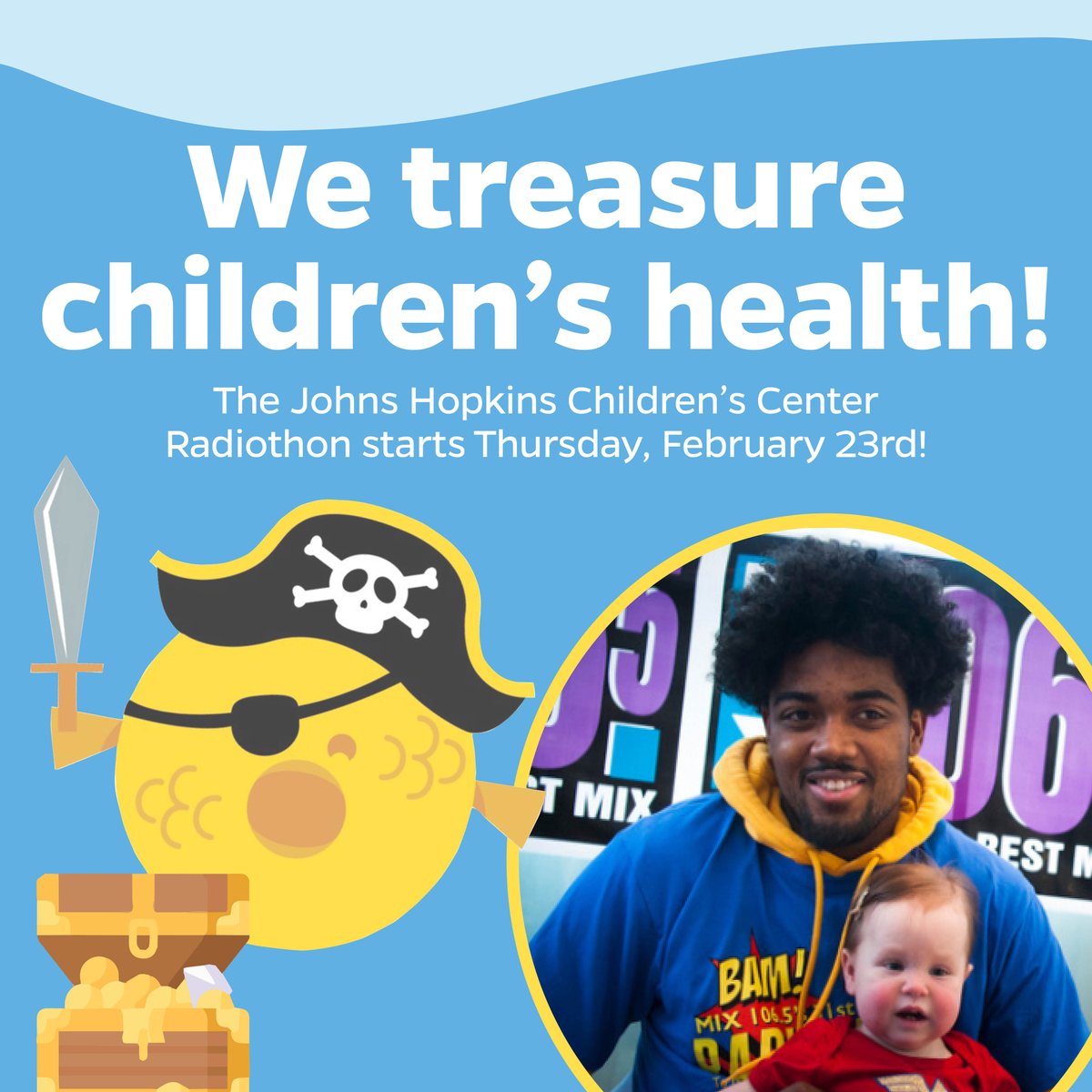 Arrrr, matey! ⚓ It's almost time for the 34th Annual Radiothon benefitting the Johns Hopkins Children's Center! Join us on February 23rd-24th in supporting kids' health and raising awareness of the great work of the Children's Center. Give today! bit.ly/3YcxnBH