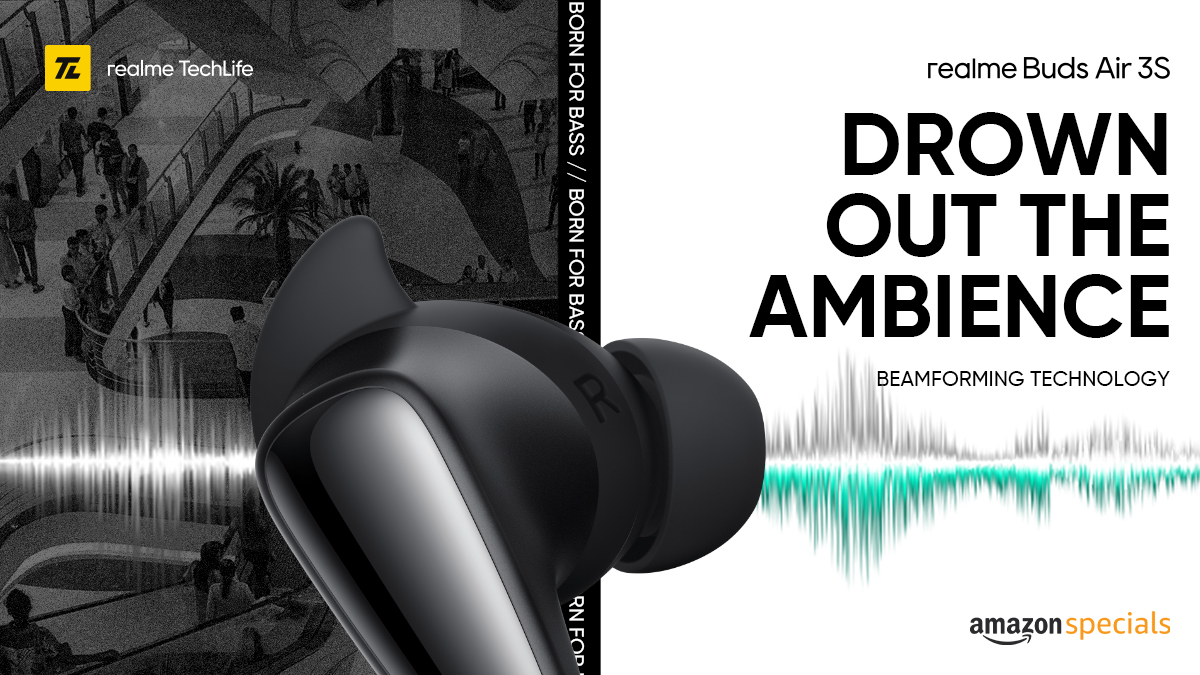realmenarzoIN's tweet photo. Enjoy crystal clear audio and noise suppression with the #realmeBudsAir3S featuring Beamforming technology! 

#BornForBass

Available on https://t.co/n3vAbwM2m7 &amp; @amazonIN.
Buy now: https://t.co/8EVEzy0gsG https://t.co/kS1DCqJMR6