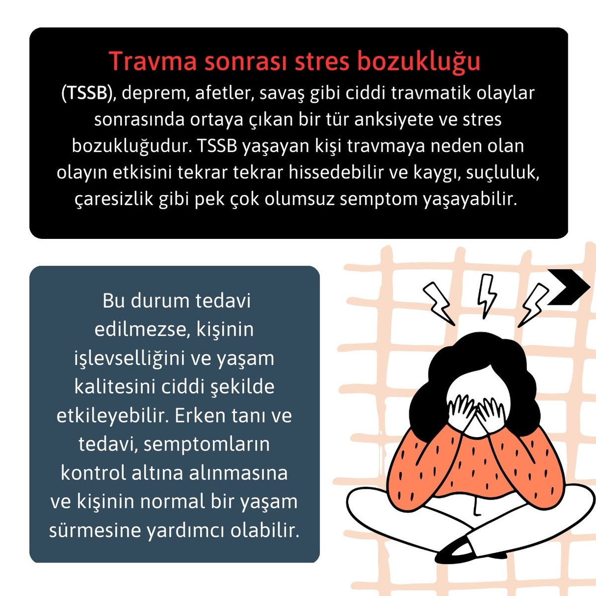 DoktoraDanis's tweet photo. Posttravmatik #stres bozukluğu nasıl tedavi edilir? #TSSB tedavisinde nelere dikkat etmeli? Klinik Psikolog Ekin Çakır, yazdı. 
 https://t.co/X28MFnU0ez

#Travma #deprem #TravmaSonrasıStresBozukluğu https://t.co/hGezgJ13R3