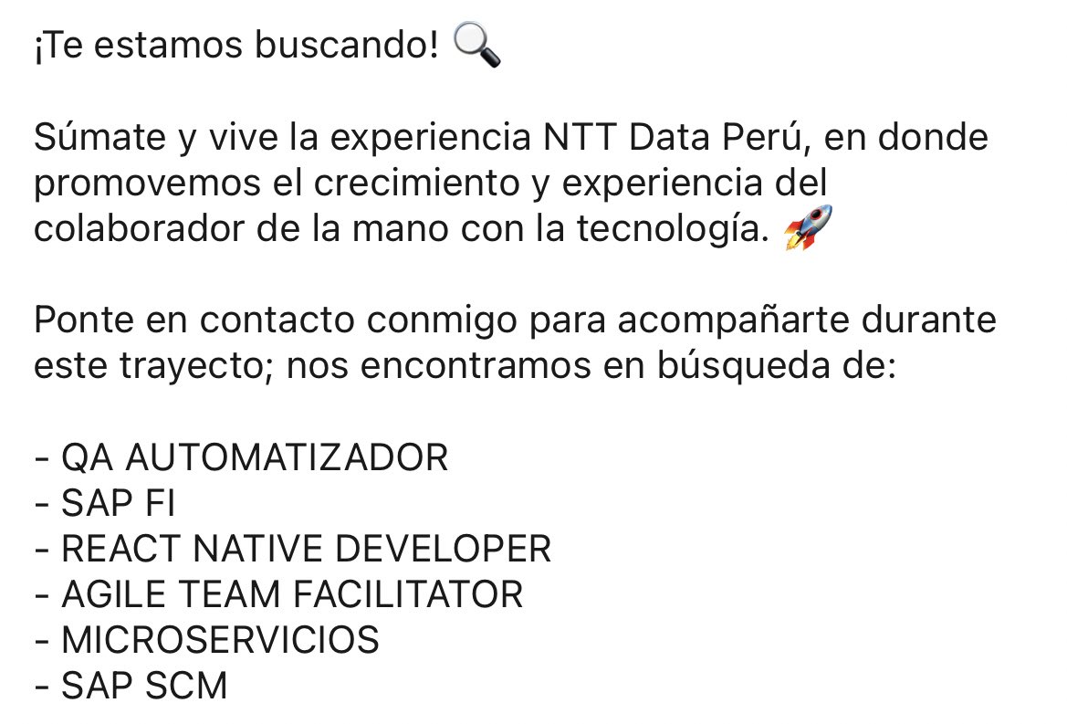 ¡Hola a todos!
Les comparto estas vacantes disponibles para una empresa trasnacional top en servicios de tecnología de la información. (1)

 #ChambaSiHay #QA #NTTData #AgileTeamFacilitator #SAPFI #SAP #Microservicios #reactnative #SAPSCM #Perú