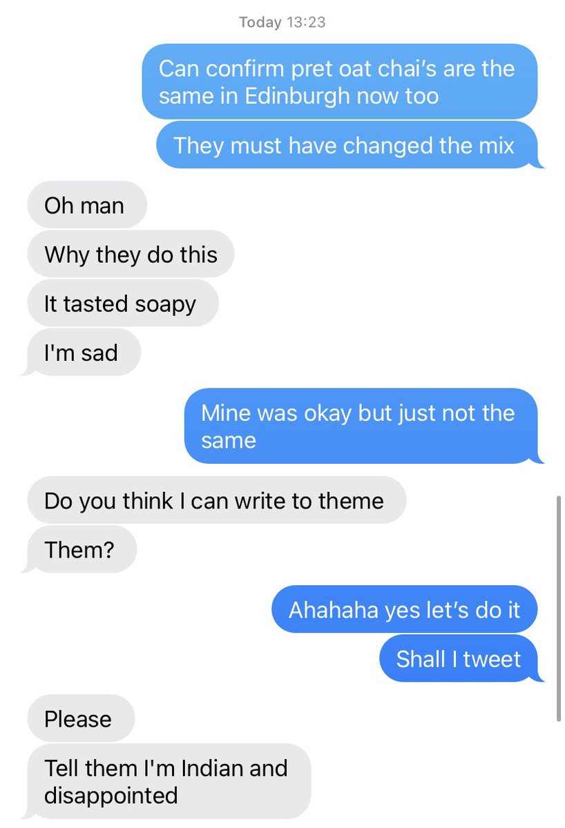 BethanIVE's tweet photo. @Pret on behalf of many a friend, what have you done to your chai mix? It has changed and it’s nowhere near as nice,  it tastes soapy… bring back the old mix! https://t.co/2TBjcP4imk