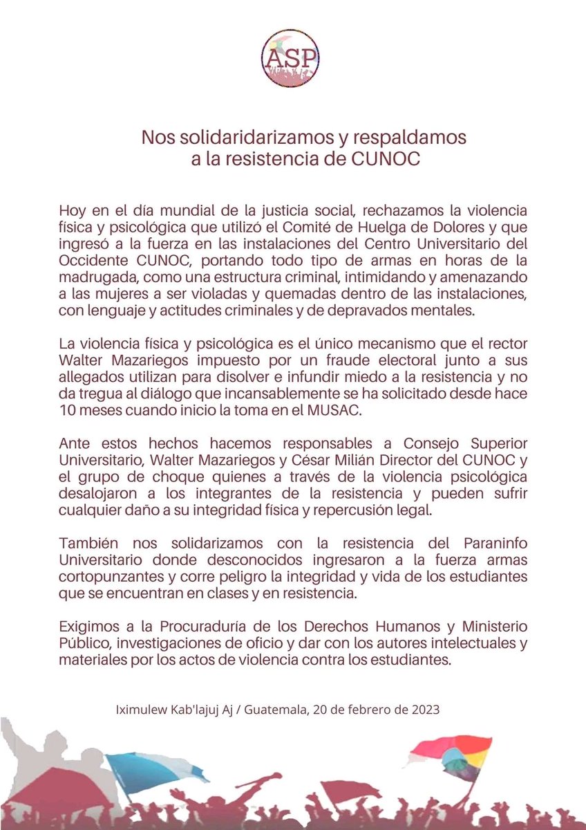 Nos negamos a vivir en una dictadura, nuestra solidaridad con estudiantes de la digna resistencia  de CUNOC.
#DignaResistencia