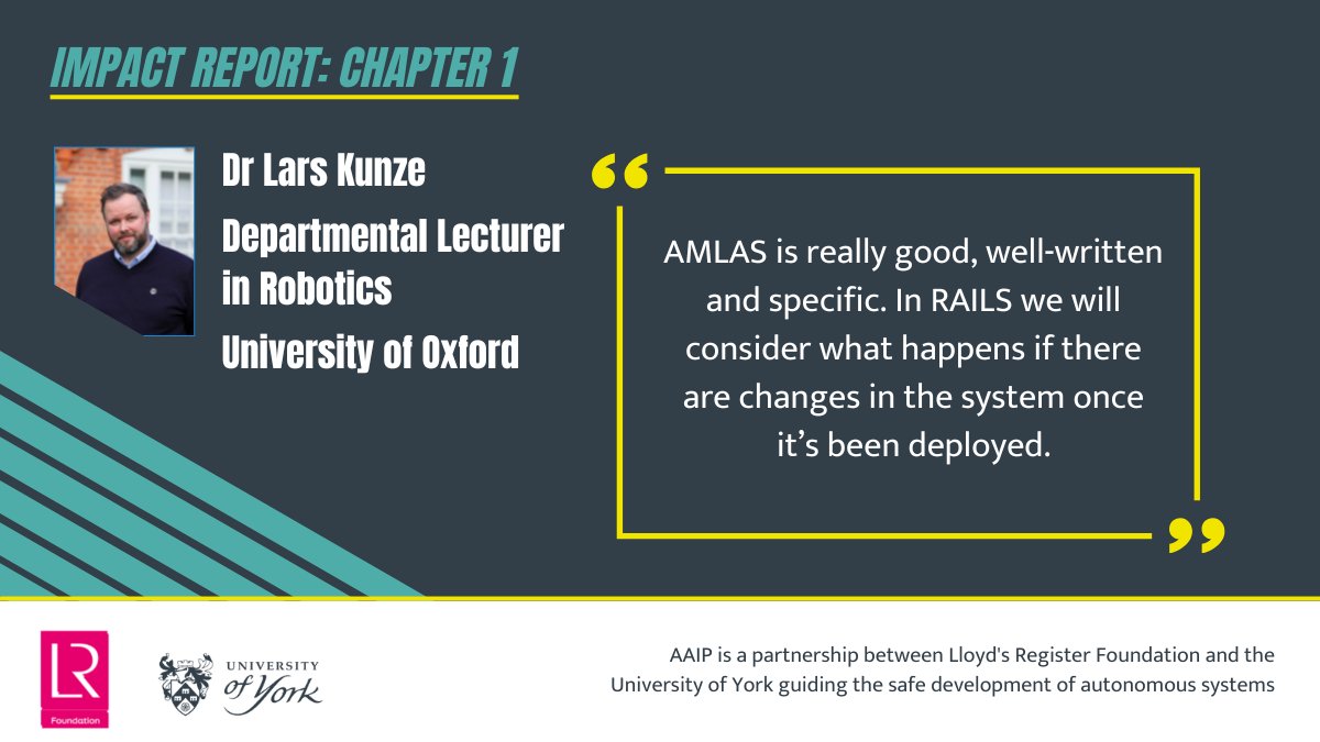 CfAA_York's tweet image. The #AssuringAutonomy Impact Report outlines how our AMLAS guidance methodology is helping shape safety standards. AMLAS is being embedded into safety processes, adapted to suit specific contexts, and referenced in new standards.
Read the report here: bit.ly/41hxA8E